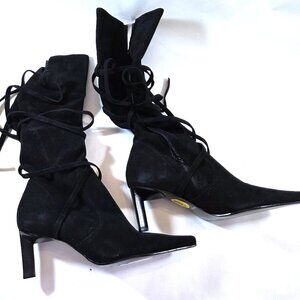 NIB Nine West Unityr Black Suede Boots with Strapping Tie Accents Size 8